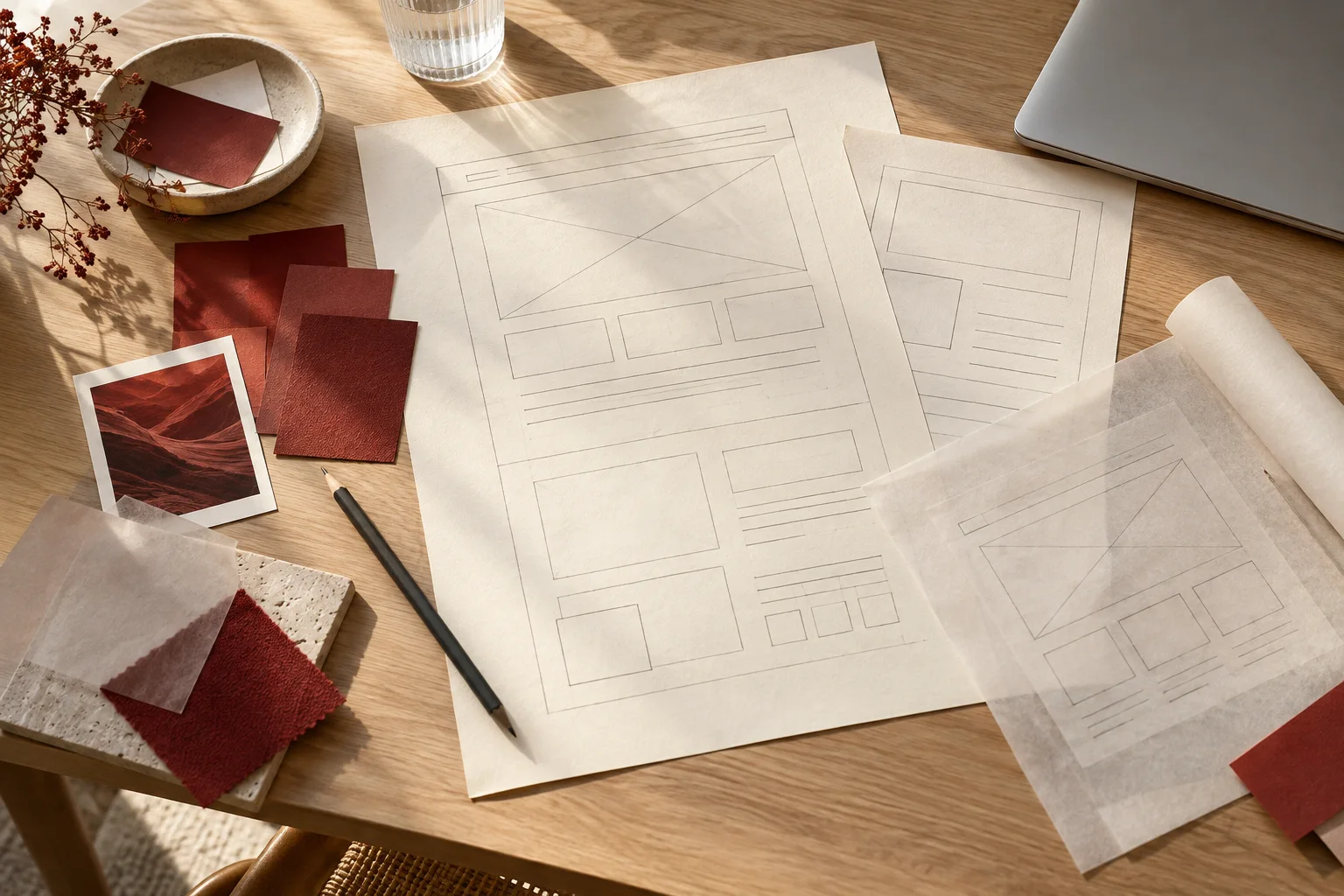 Cream website planning sheets, a pencil and red material swatches on a warm oak table.