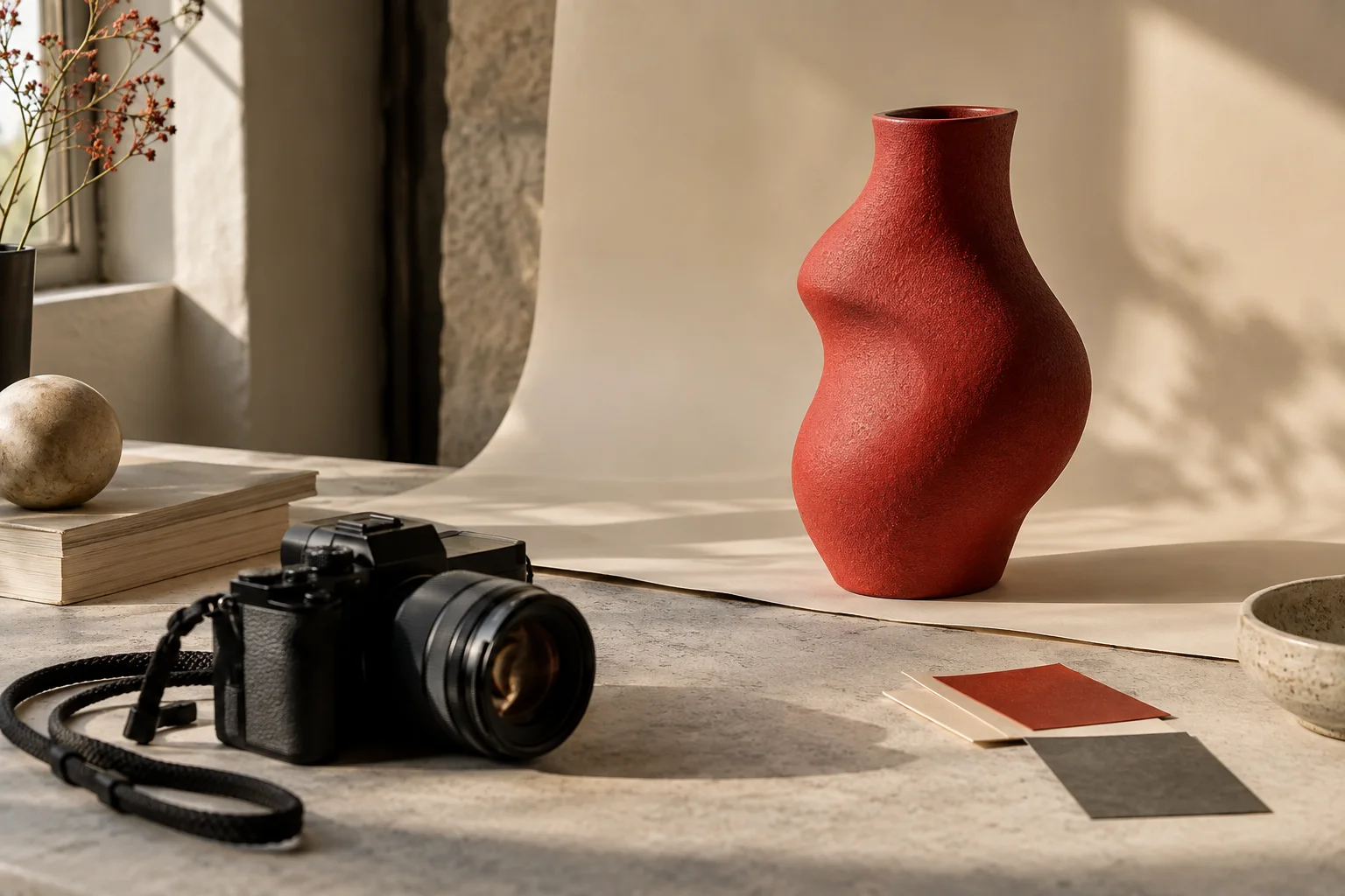 A camera beside a red ceramic vase and a cream paper backdrop in a tabletop content studio.