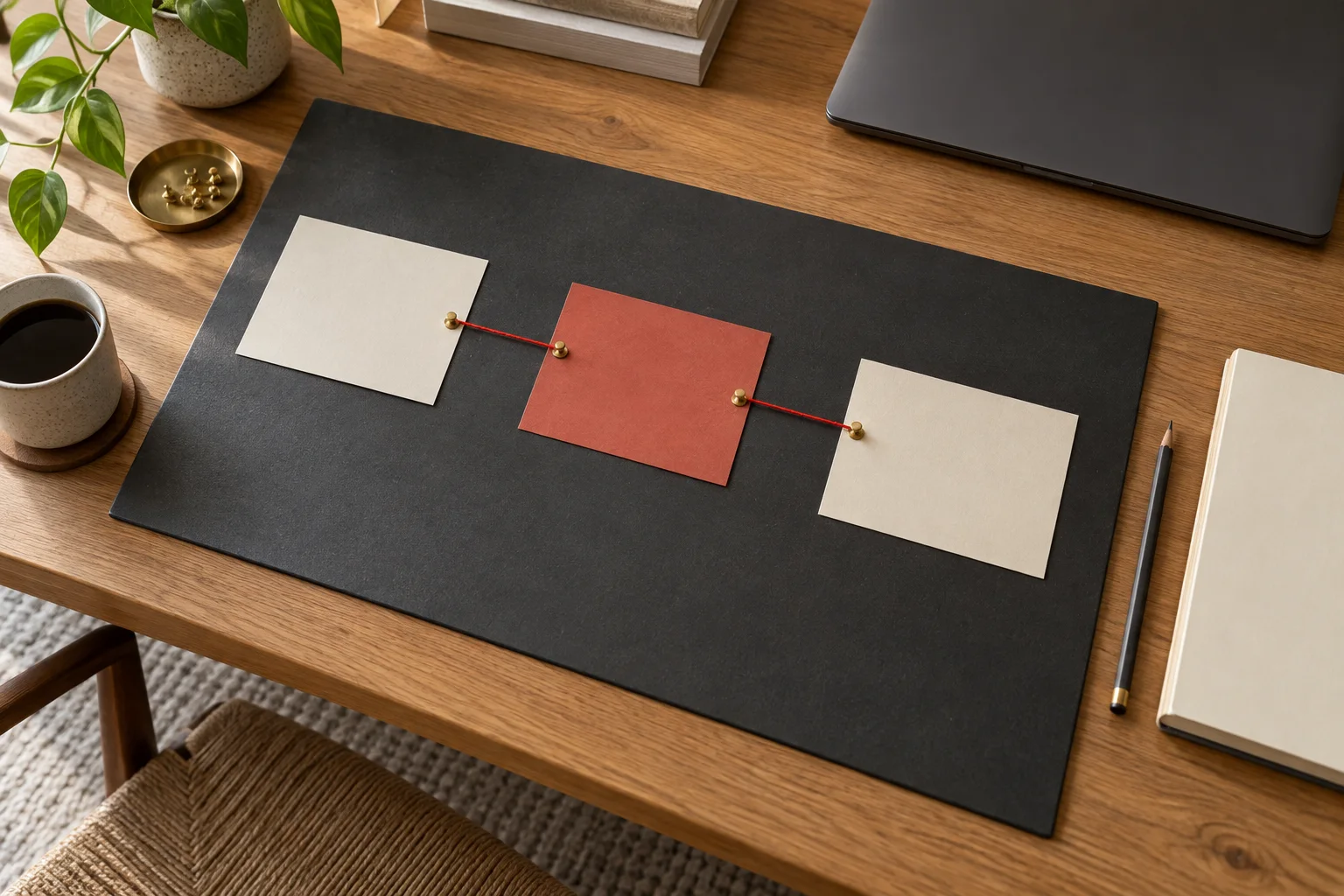 Three cream and red planning cards joined by red thread on a charcoal board beside a closed laptop.